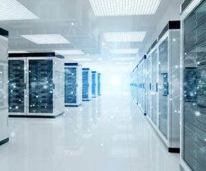 Connection network in white servers data center room storage systems 3D rendering