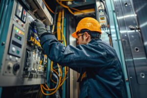 Professional electric technician fixing elevator installation with expertise.